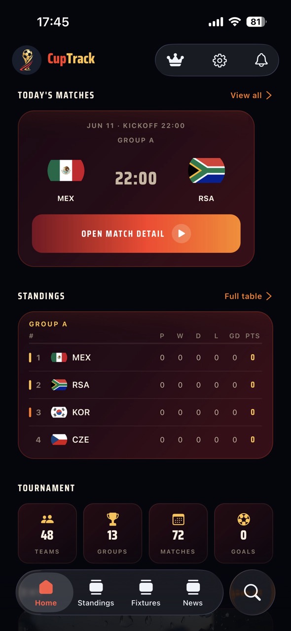 CupTrack app — Today's Matches screen