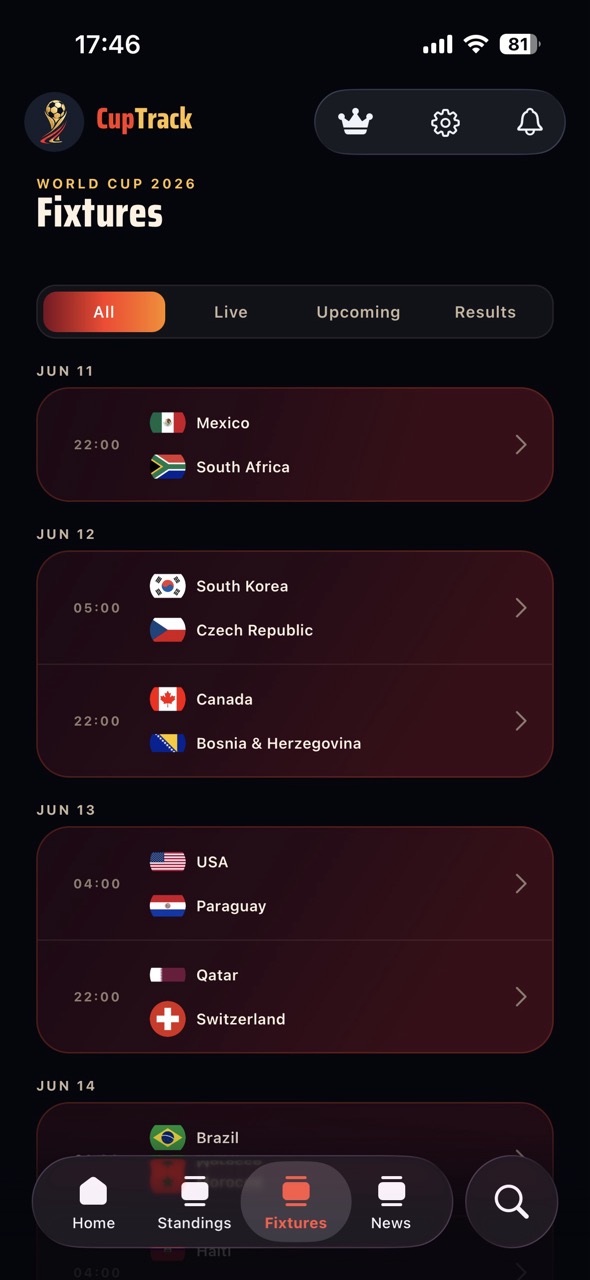 CupTrack — Fixtures screen